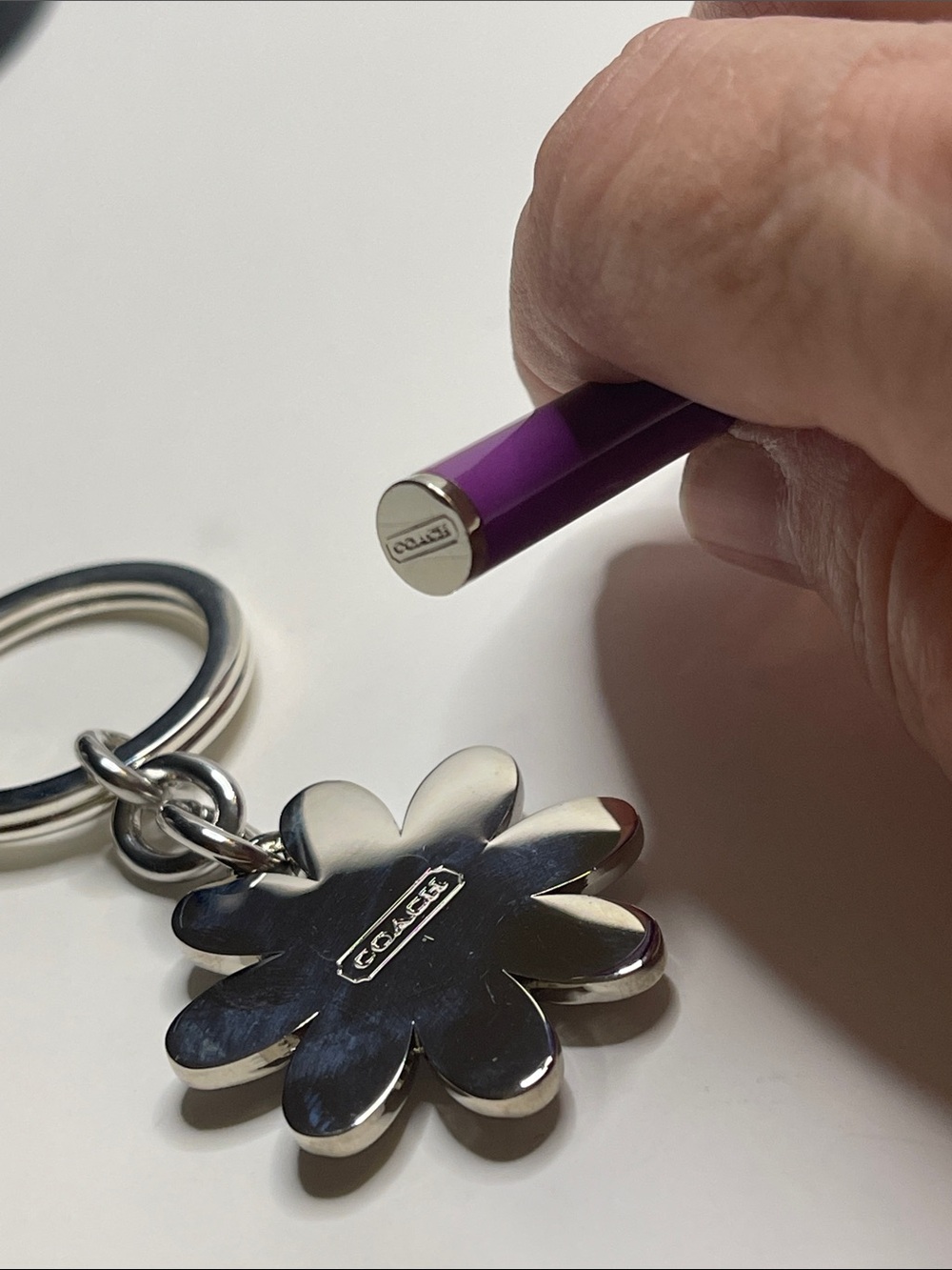 Coach Flower Charm Keyring with Purple Enamel, Crystal, and Coach Pen - Picture 4 of 6